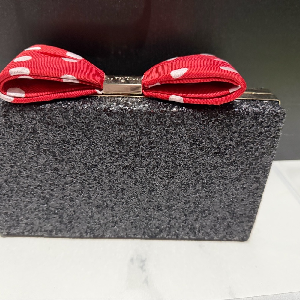 Kate Spade Black Glitter Clutch with Red Bow